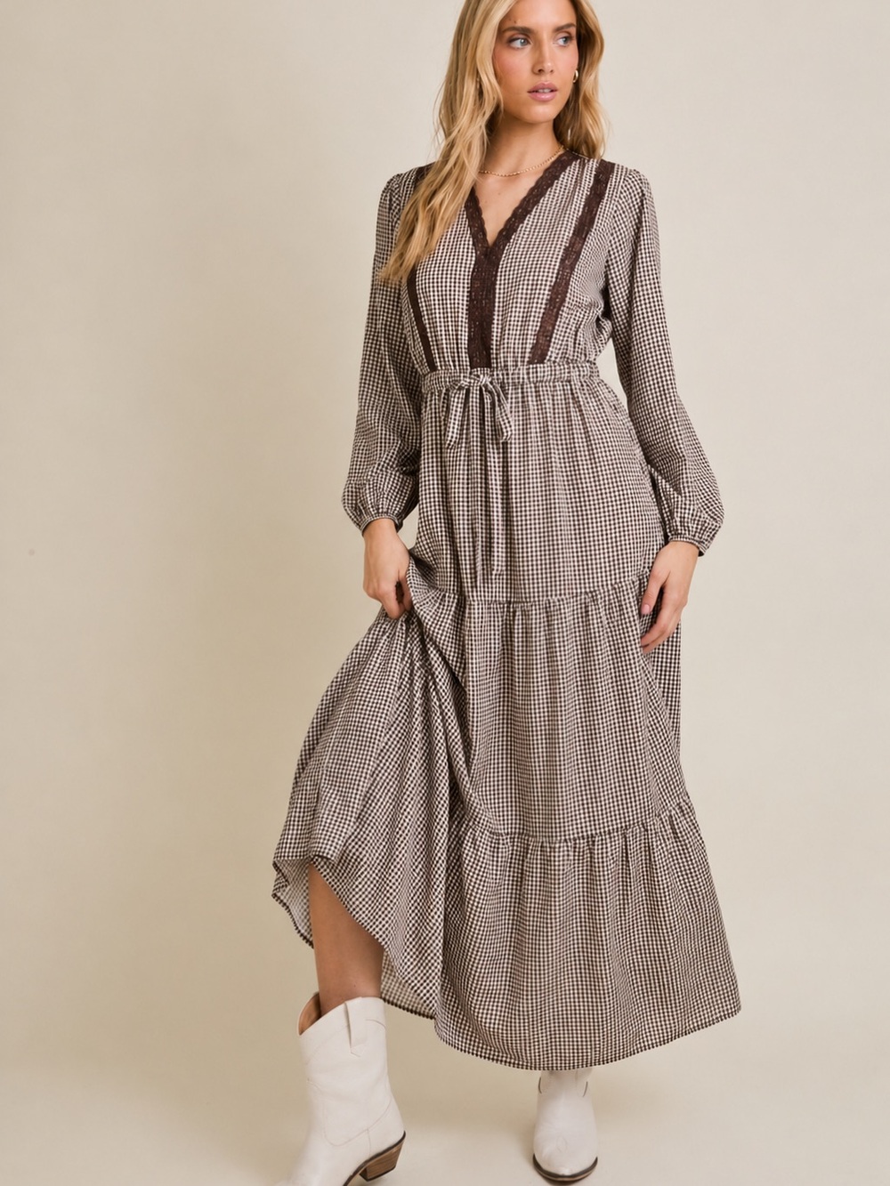 Gilli Brown Gingham Tiered Maxi Dress with Lace Trim NWT D19